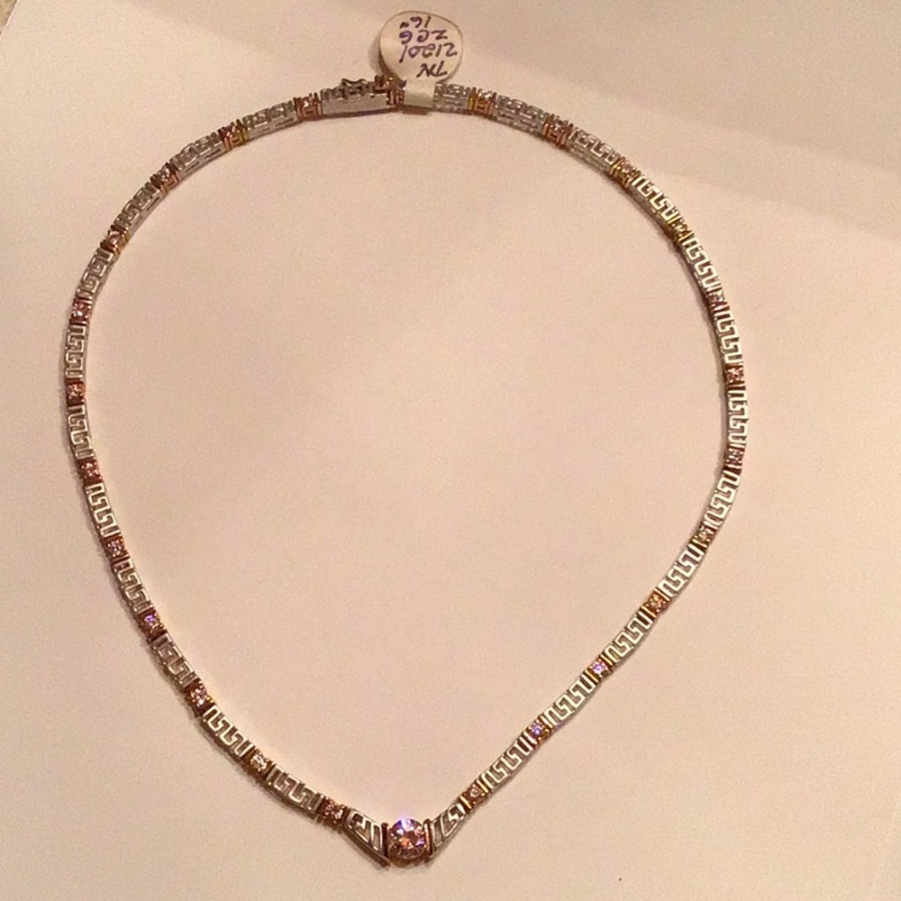 New Fashion Greek Motif Matt Silver tone 16” Necklace CZ Enhanced